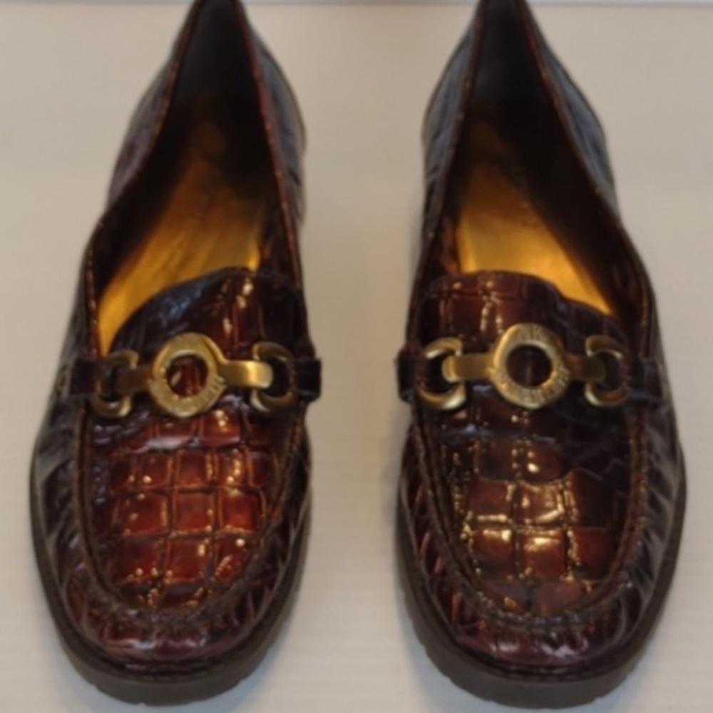 VTG Anne Klein Gold Logo Burgundy Brown Crocodile Faux Leather Flex Loafers Sz 8